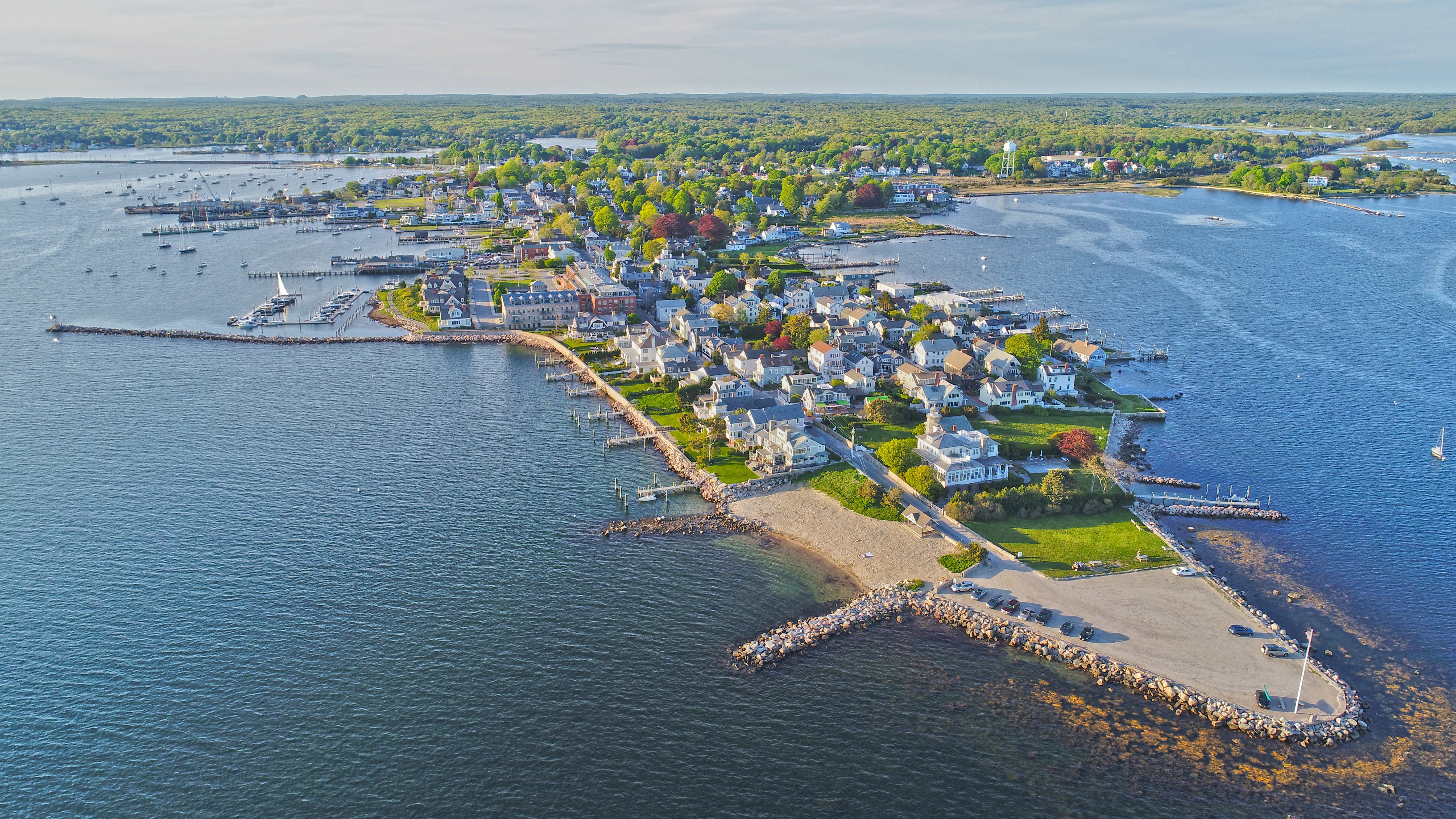 Aerial photo overlooking the ocean and Dubois Beach in Stonington, CT