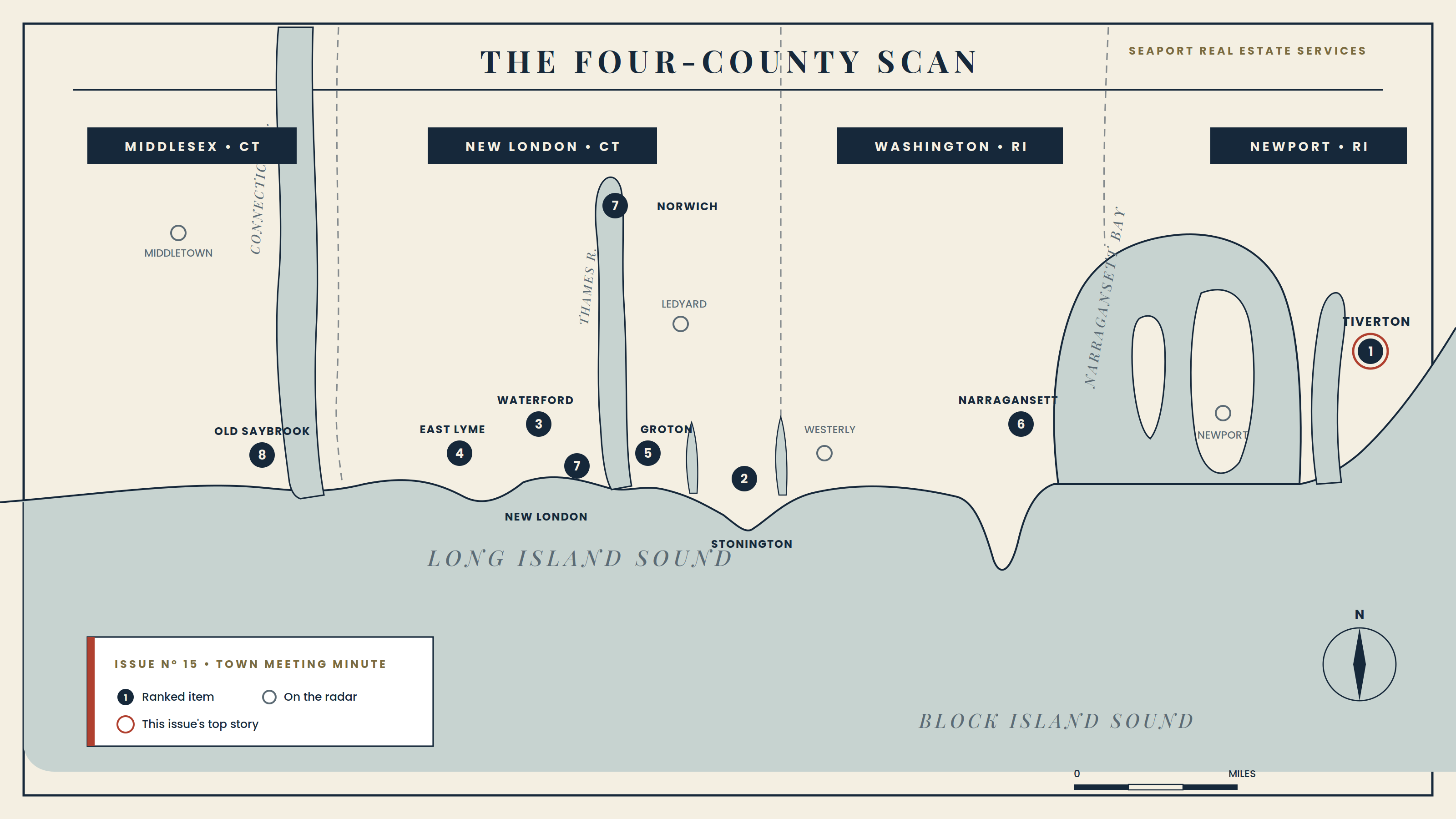 Regional planning map of New London, Middlesex, Washington, and Newport Counties with ranked town markers.
