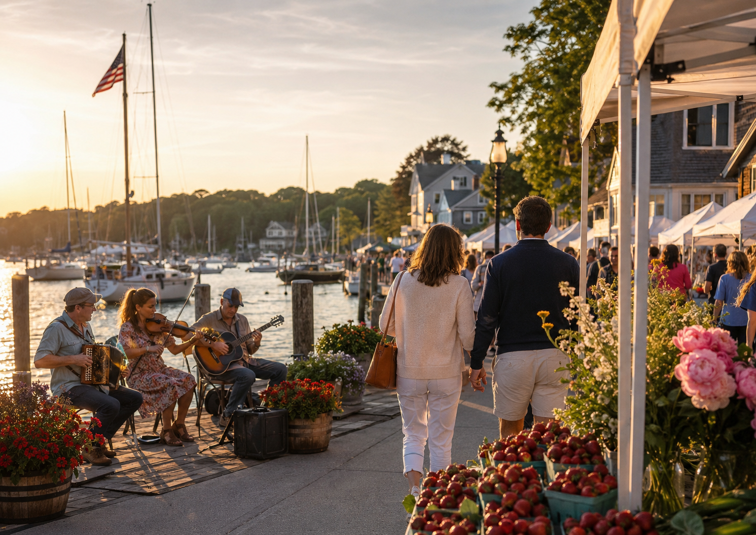 Coastal New England summer market with strawberries, flowers, music, and waterfront views