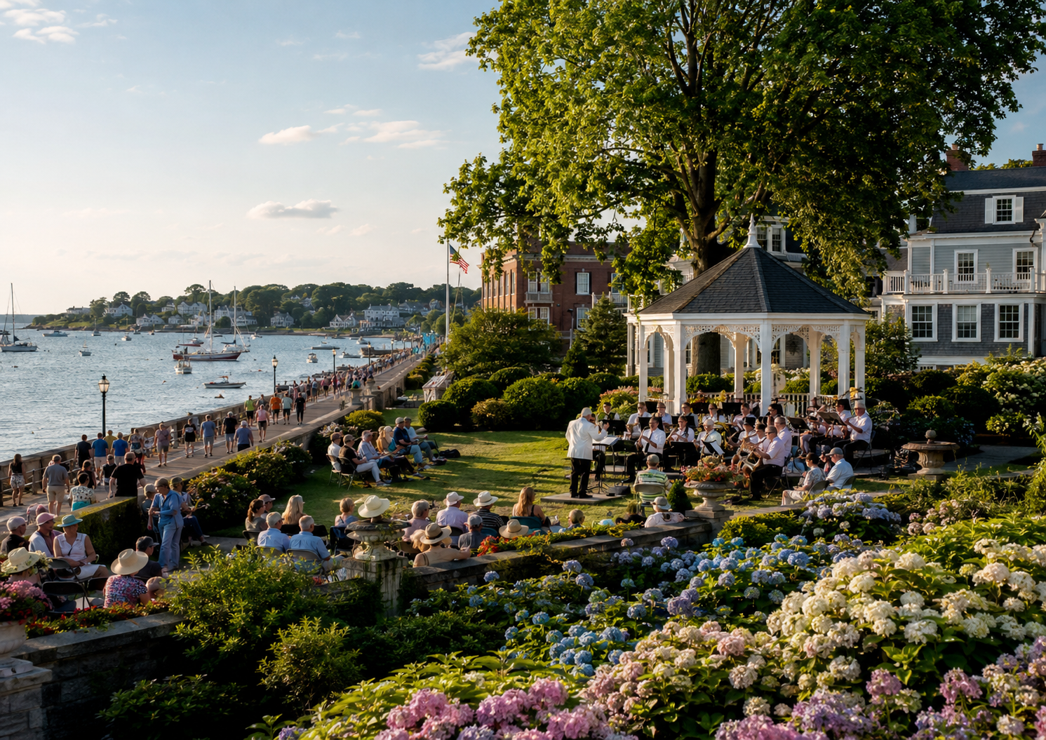 Waterfront summer concert and garden scene in coastal New England