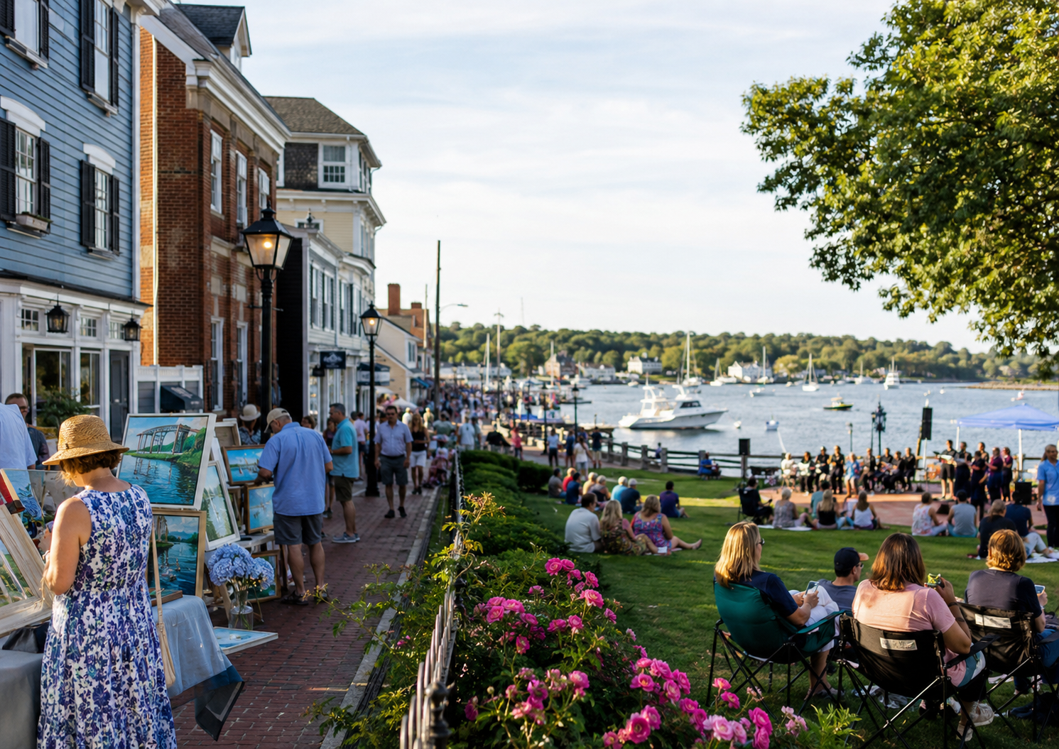 Seaside festival with art vendors, harbor views, and people enjoying a summer community event