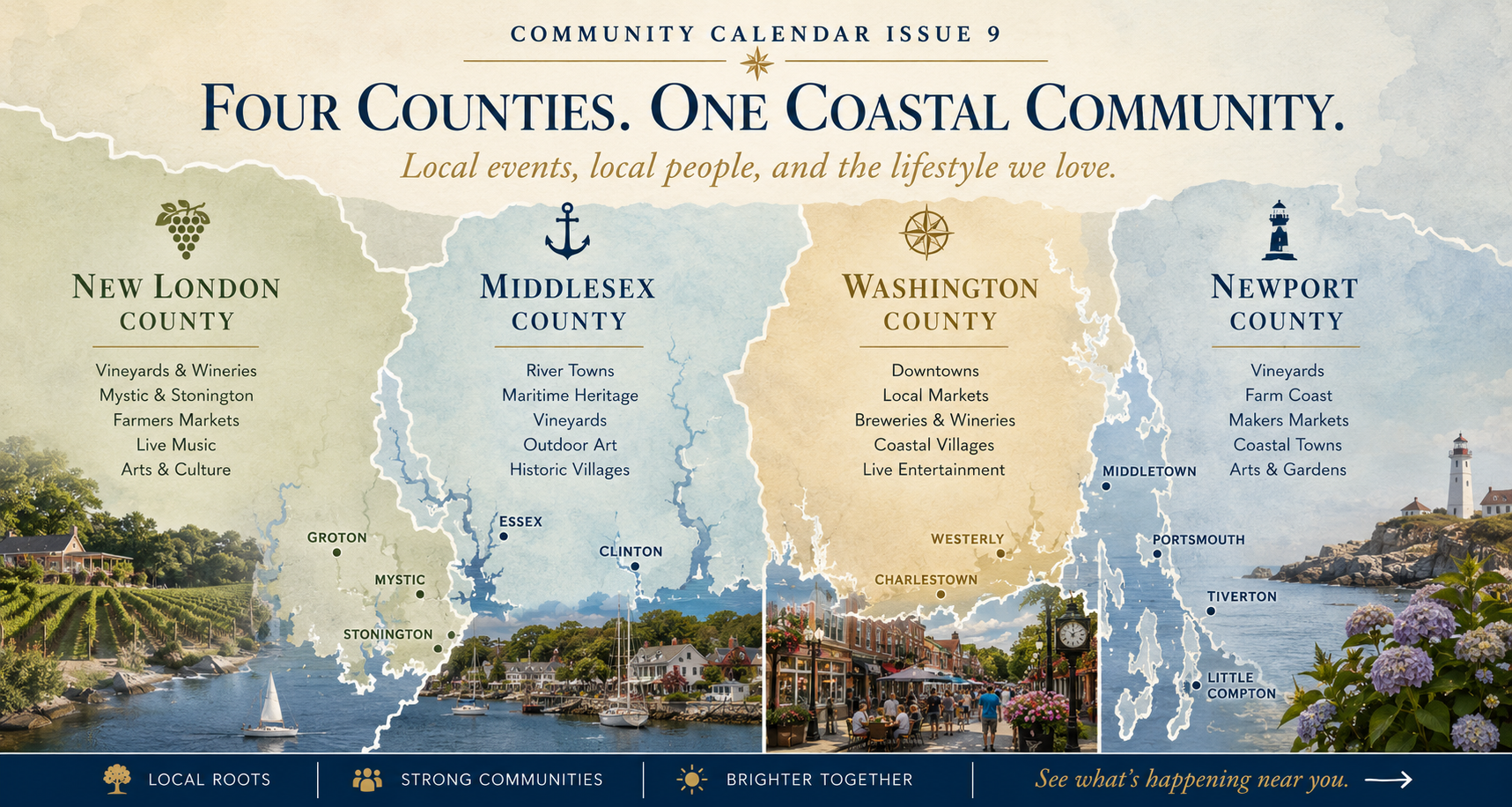 Community Calendar Issue 9 four county event map featuring New London, Middlesex, Washington, and Newport Counties
