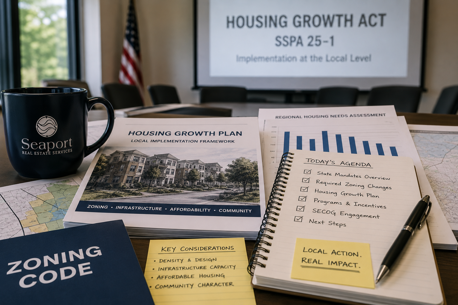 Housing Growth Act planning image showing local implementation materials, zoning code documents, and regional housing needs assessment notes.