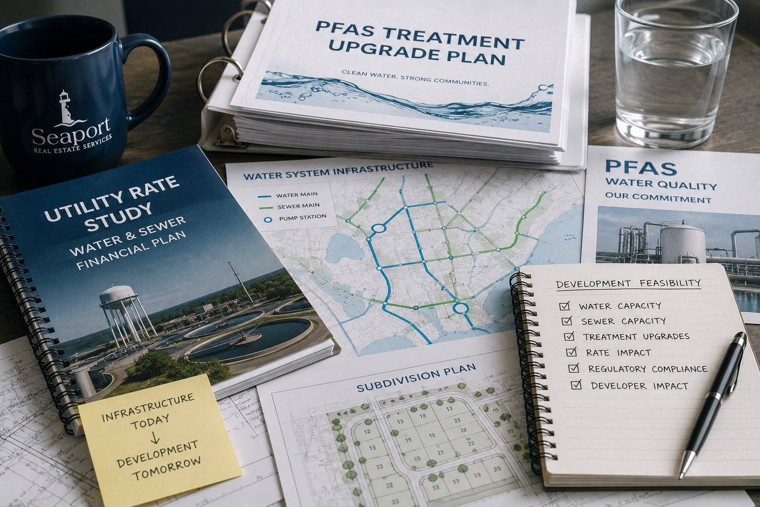 Municipal infrastructure planning image showing PFAS treatment, water and sewer rate studies, utility maps, and development feasibility notes.