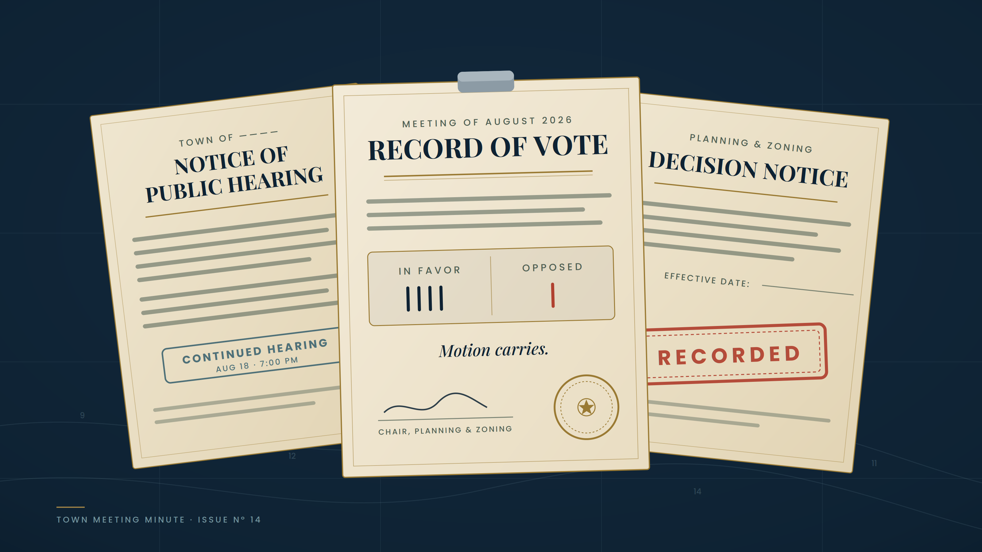 Municipal decision documents, vote records, and public hearing notices for zoning and planning items.