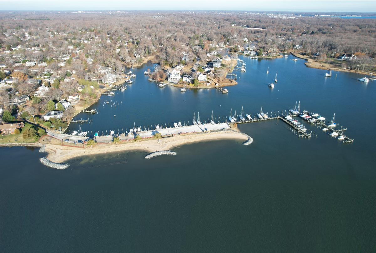 Marina built along a narrow spit of land showing limited waterfront footprint