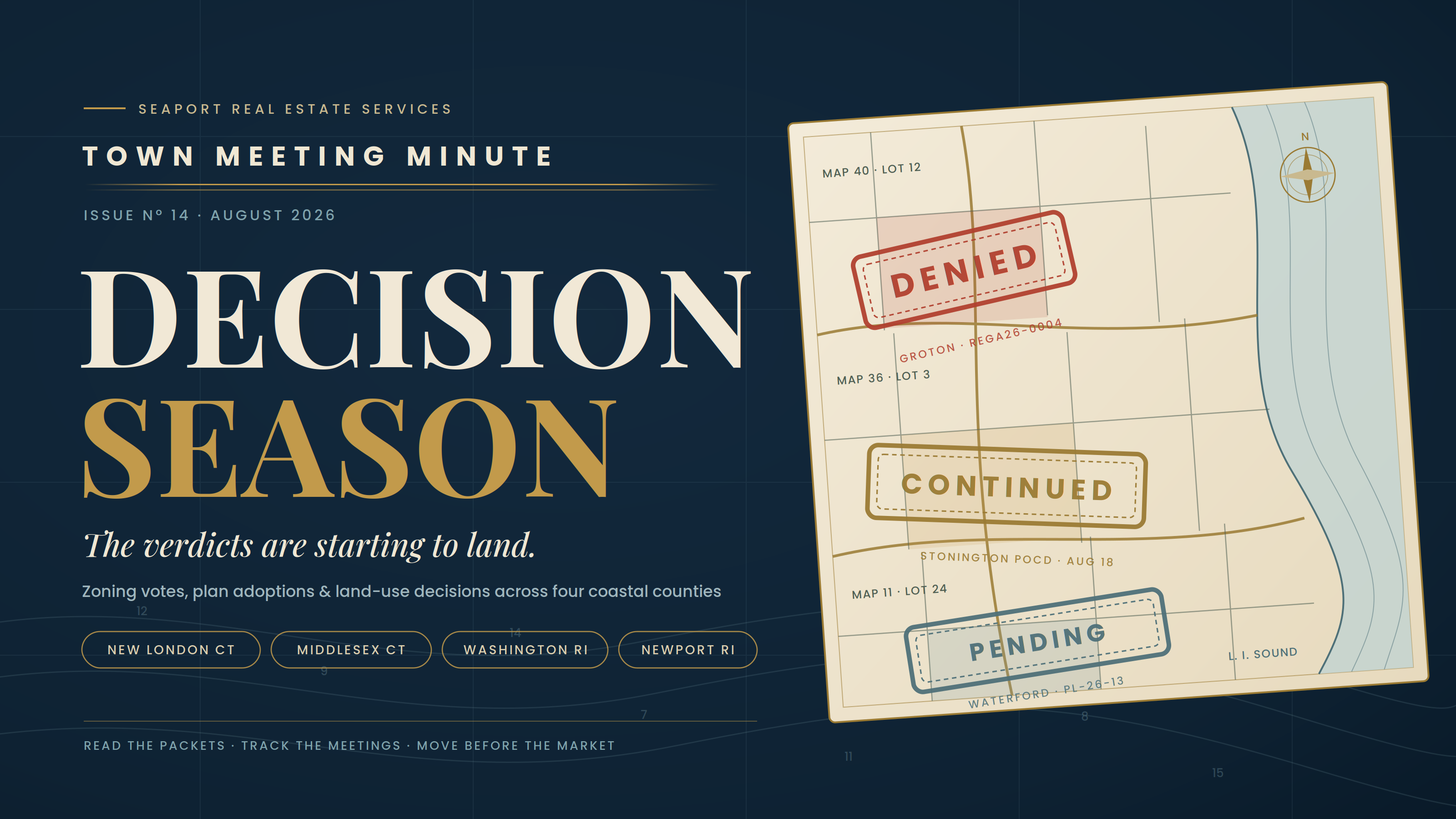 Town Meeting Minute Issue 14 graphic about municipal zoning votes, plan adoptions, and land-use decisions across CT and RI.