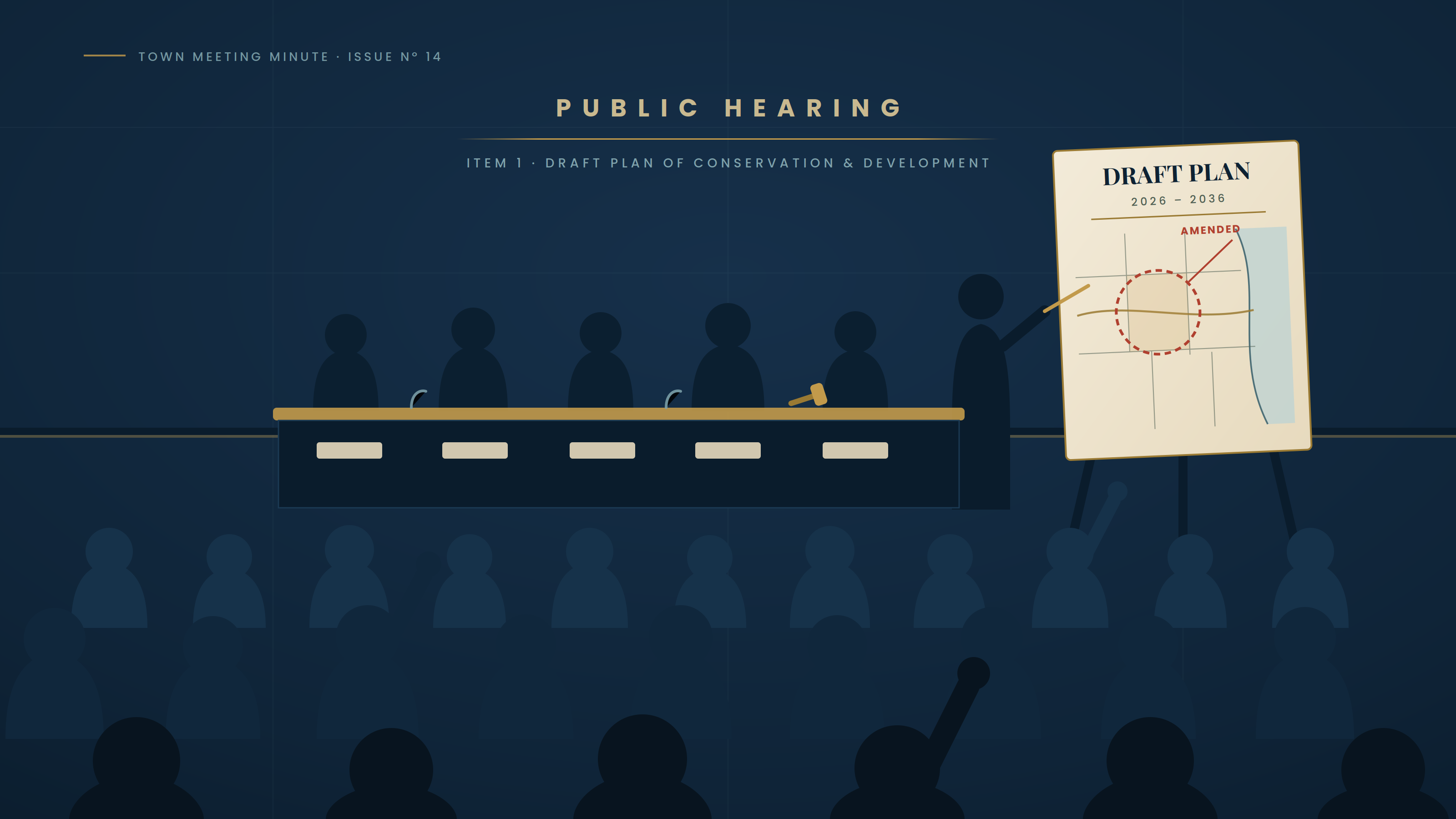 Public hearing room with residents, planning consultants, and commission members reviewing a draft plan.