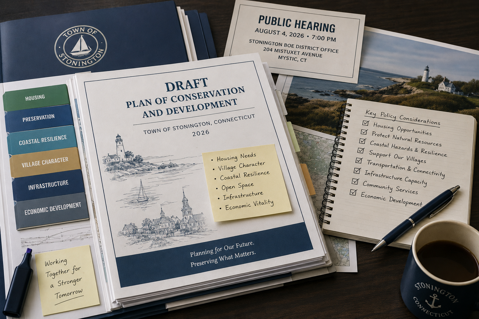 Stonington draft Plan of Conservation and Development documents with public hearing notice.