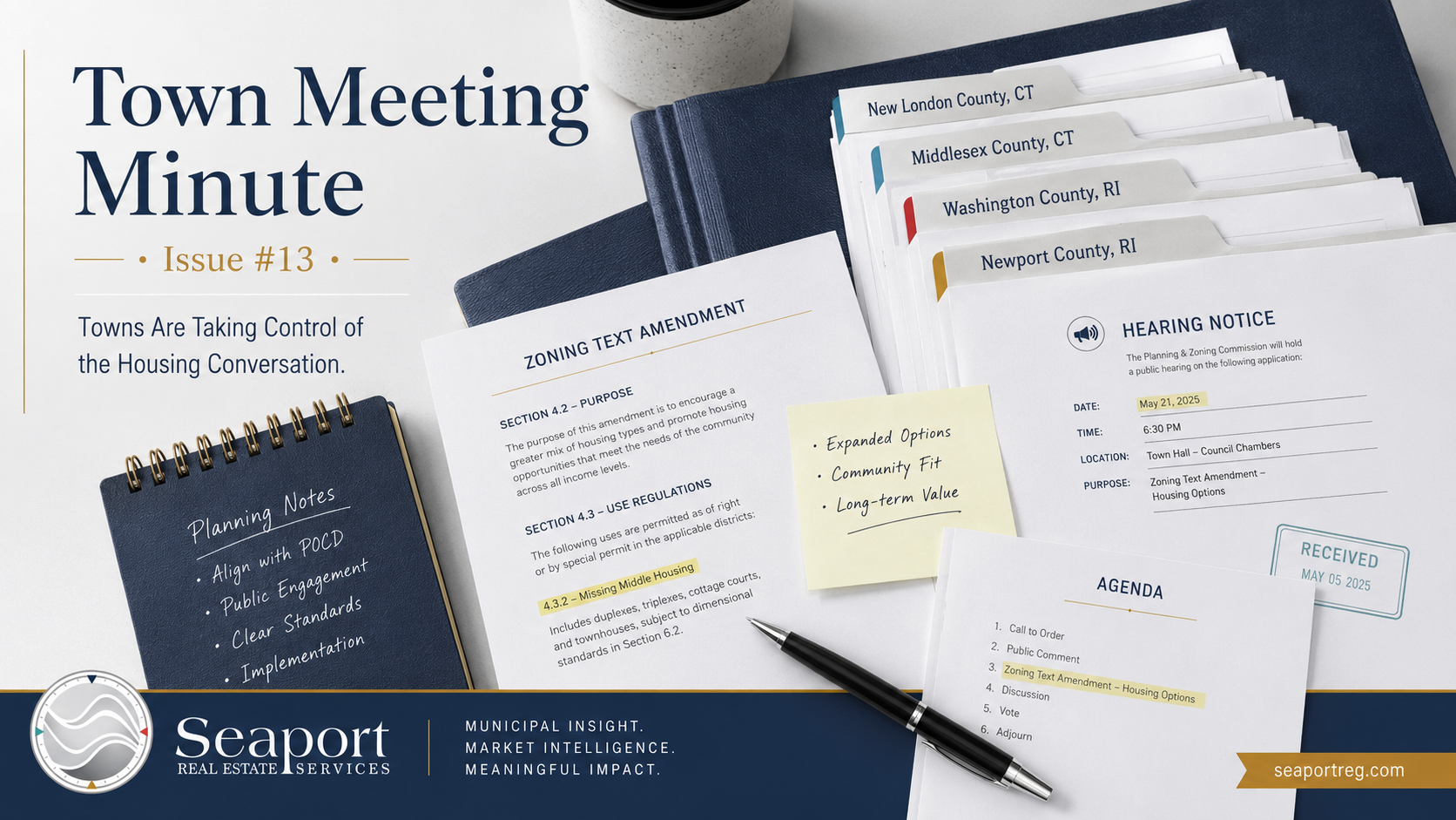 Town Meeting Minute Issue 13 graphic about municipal housing, zoning, and planning decisions across CT and RI.