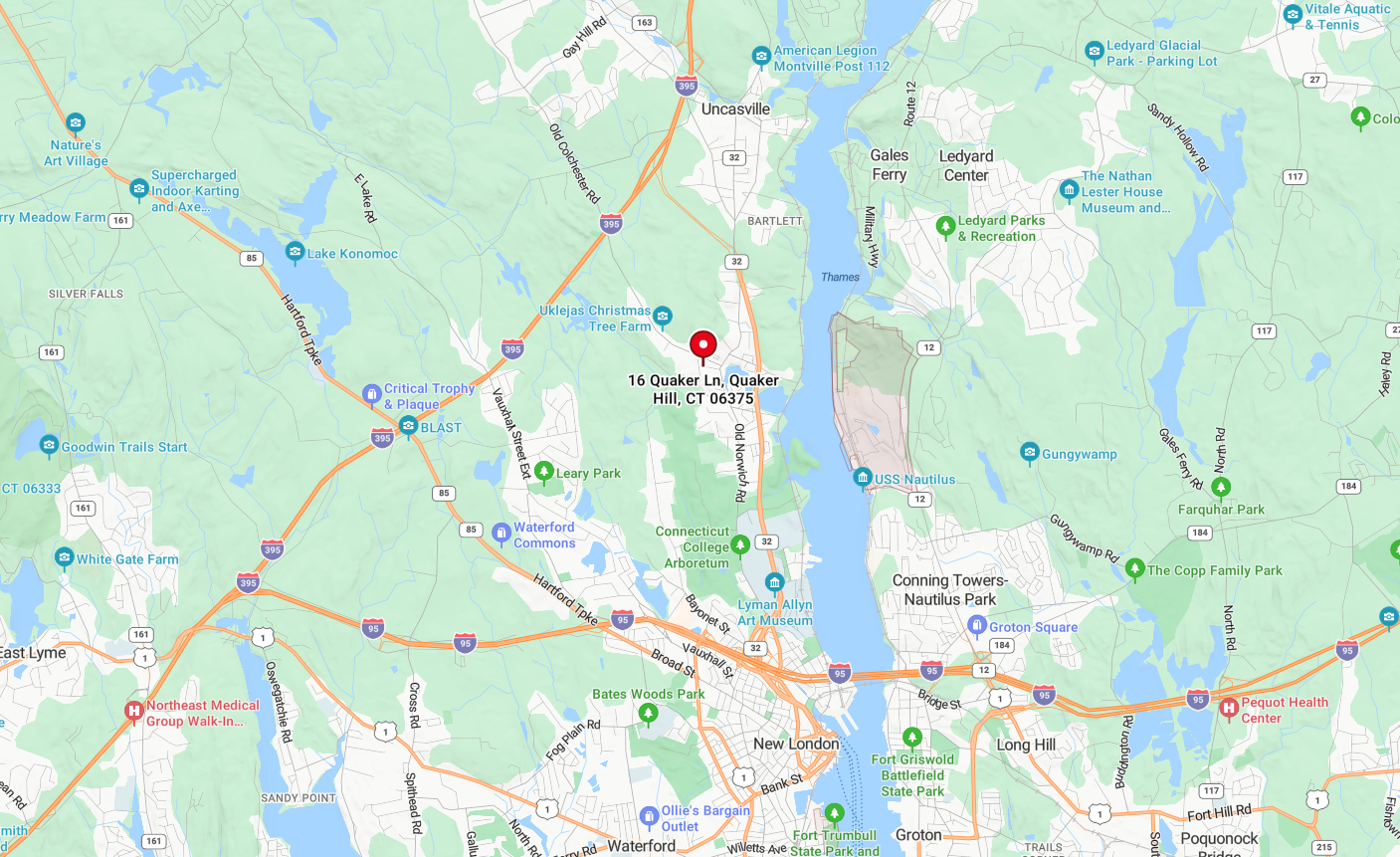 Regional map showing Quaker Hill within Waterford, Connecticut
