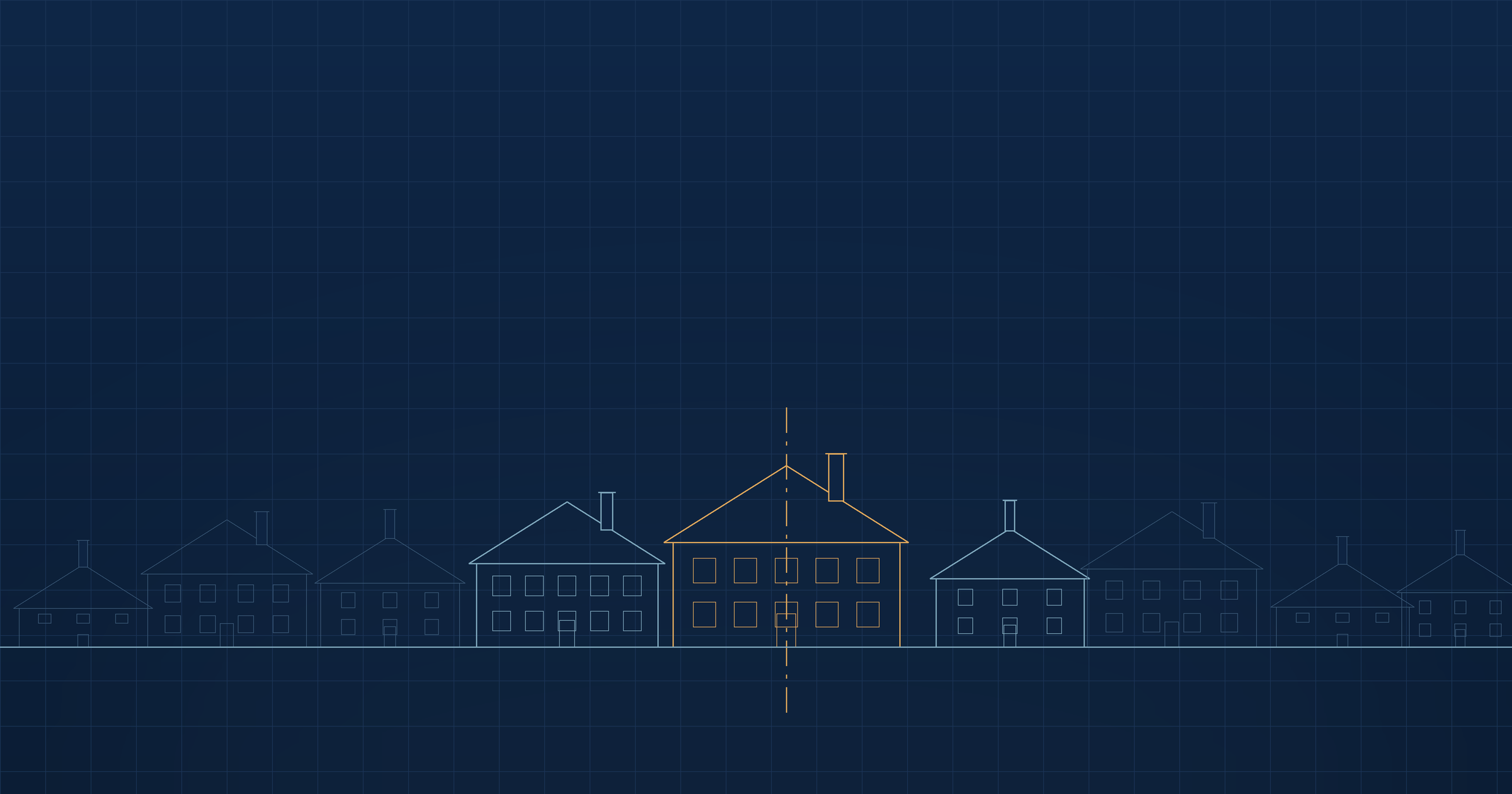 A street of Connecticut homes drawn in elevation, one marked on its centerline - divorce and the marital home